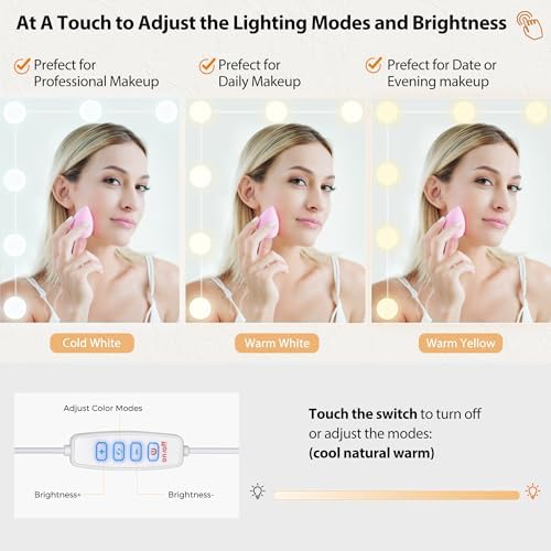 ANWBROAD Mesa de Tocador con Espejo Iluminado 39.4" Tocador de Maquillaje para Niñas con Toma de Corriente 3 Colores de Iluminación Brillo Ajustable Mesa de Tocador para Mujeres Dormitorio Vestidor