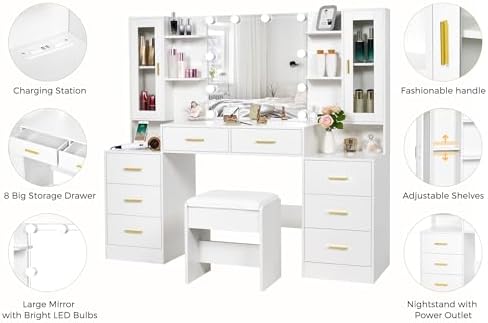 ANWBROAD Mesa de Tocador con Espejo Iluminado 39.4" Tocador de Maquillaje para Niñas con Toma de Corriente 3 Colores de Iluminación Brillo Ajustable Mesa de Tocador para Mujeres Dormitorio Vestidor