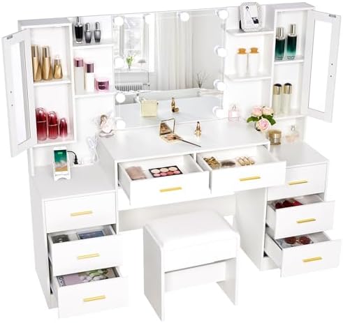 ANWBROAD Mesa de Tocador con Espejo Iluminado 39.4" Tocador de Maquillaje para Niñas con Toma de Corriente 3 Colores de Iluminación Brillo Ajustable Mesa de Tocador para Mujeres Dormitorio Vestidor