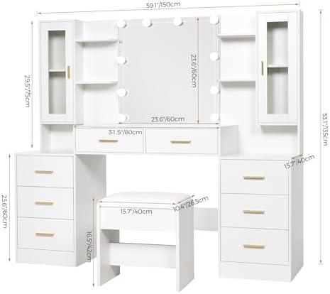 ANWBROAD Mesa de Tocador con Espejo Iluminado 39.4" Tocador de Maquillaje para Niñas con Toma de Corriente 3 Colores de Iluminación Brillo Ajustable Mesa de Tocador para Mujeres Dormitorio Vestidor