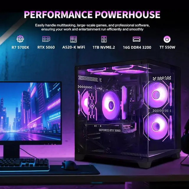 AOACE Gaming PC Desktop AMD Ryzen 7 5700X RTX 5060 8G  16GB RAM and 1TB NVMe M 2 SSD  WiFi6E  ARGB Fan  Game Design Office console Sea View Room Windows 11