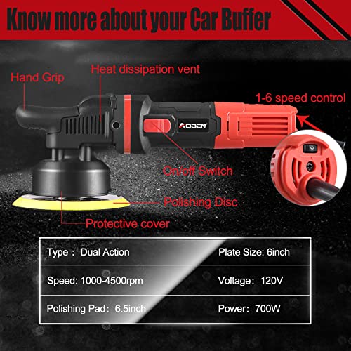 AOBEN Pulidora de búfer para automóvil, pulidora de doble acción de 6 pulgadas, kit de pulidora aleatoria con 6 velocidades variables 1000-4500 rpm, mango desmontable, 4 almohadillas de pulido para
