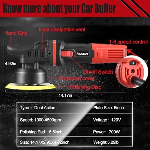 AOBEN Car Buffer Polisher 6 inch Dual Action Polisher Random Buffer Polisher kit with 6 Variable Speed 1000 4500rpm Detachable Handle 4 Buffing Pads for Car detailing Polishing and Waxing