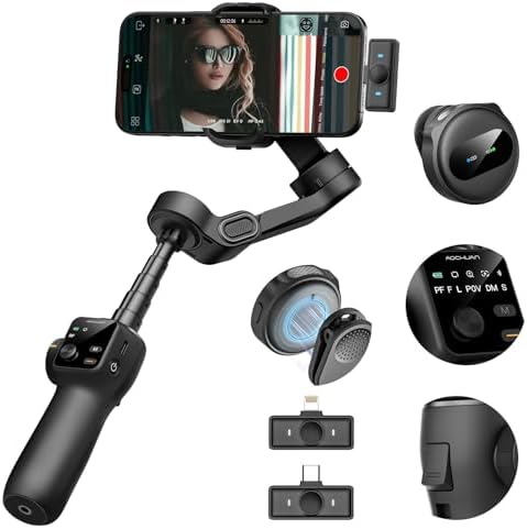 AOCHUAN Gimbal Stabilizer for iPhone & Android 3 Axis Phone Gimbal w/Wireless Lavalier Microphone Built in 7 8 Extension Pole OLED Display Phone Stabilizer for Video Recording TikTok V8 Mic Kit 