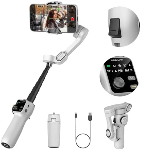 AOCHUAN Gimbal Stabilizer for iPhone & Android 3 Axis Phone Gimbal w/Wireless Lavalier Microphone Built in 7 8 Extension Pole OLED Display Phone Stabilizer for Video Recording TikTok V8 Mic Kit 