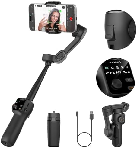 AOCHUAN Gimbal Stabilizer for iPhone & Android 3 Axis Phone Gimbal w/Wireless Lavalier Microphone Built in 7 8 Extension Pole OLED Display Phone Stabilizer for Video Recording TikTok V8 Mic Kit 