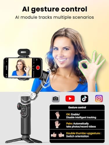 AOCHUAN XE AI Version Gimbal Stabilizer for Smartphone NO APP AI Tracking  Gesture Control 360 Inception Gimbal with TikTok YouTube 3 Axis Foldable Handheld Tripod for iPhone& Android Black
