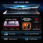 AOC 16 1" Laptop AMD R7 5825U 16GB DDR4 512GB SSD Windows 11 Pro WIFI 6 BT