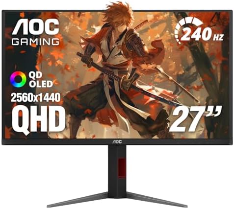 AOC 27 QD OLED Gaming Monitor  QHD 2560x1440  240Hz  0 03ms GtG  G SYNC Compatible  HDR Ready  DisplayPort  HDMI  VESA Mountable  Console Gaming Ready  Q27GAZD