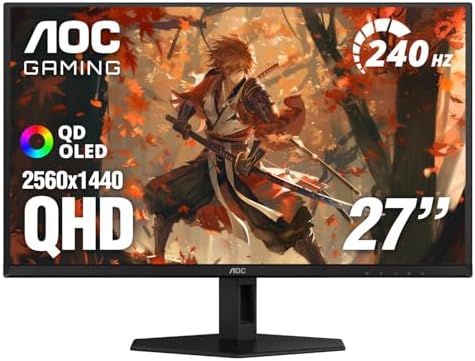 AOC 27 QD OLED Gaming Monitor  QHD 2560x1440  240Hz  0 03ms GtG  G SYNC Compatible  HDR Ready  DisplayPort  HDMI  VESA Mountable  Console Gaming Ready  Q27GAZD