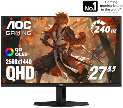 AOC 27 QD OLED Gaming Monitor  QHD 2560x1440  240Hz  0 03ms GtG  G SYNC Compatible  HDR Ready  DisplayPort  HDMI  VESA Mountable  Console Gaming Ready  Q27GAZD