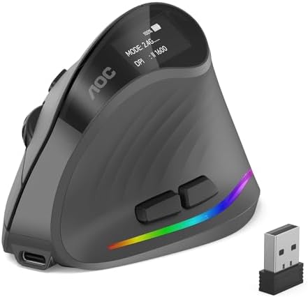 AOC 2 4GHz Ergonomic Mouse  Wireless Bluetooth Vertical Mouse for Work  4800 DPI Optical Tracking  5 Adjustable DPI  Quiet Clicks  RGB Light  Compatible with Computer  Laptop  PC  Mac  Desktop   Gray