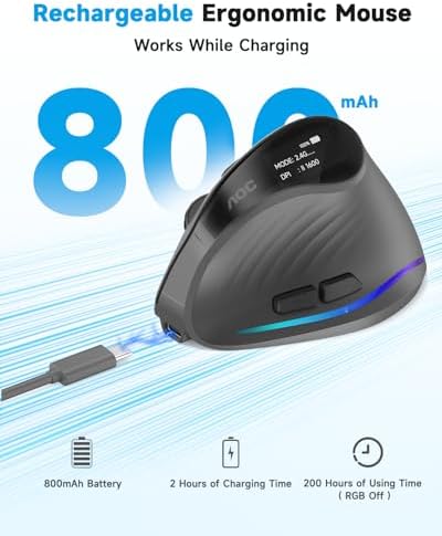 AOC 2 4GHz Ergonomic Mouse  Wireless Bluetooth Vertical Mouse for Work  4800 DPI Optical Tracking  5 Adjustable DPI  Quiet Clicks  RGB Light  Compatible with Computer  Laptop  PC  Mac  Desktop   Gray