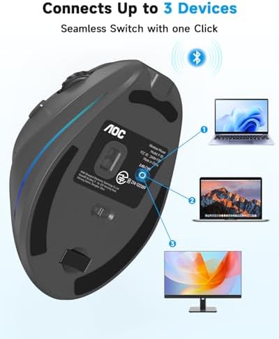 AOC 2 4GHz Ergonomic Mouse  Wireless Bluetooth Vertical Mouse for Work  4800 DPI Optical Tracking  5 Adjustable DPI  Quiet Clicks  RGB Light  Compatible with Computer  Laptop  PC  Mac  Desktop   Gray