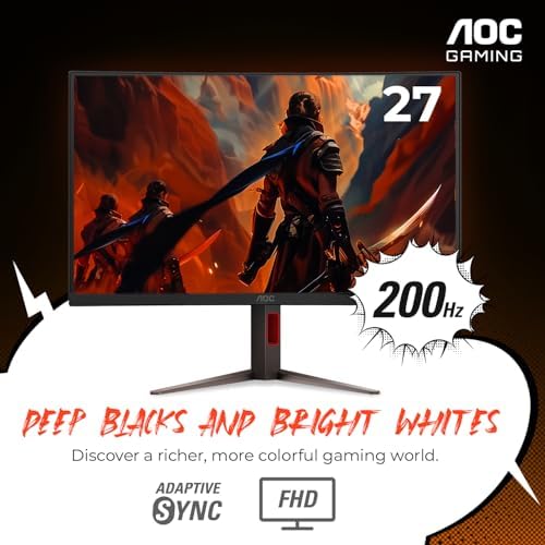 AOC C27G4H2 27 Curved Gaming Monitor  FHD 1920x1080  1500R  200Hz Refresh Rate  0 3ms Response Time  Height Adjustable  Black  Xbox PS5 Switch Compatible