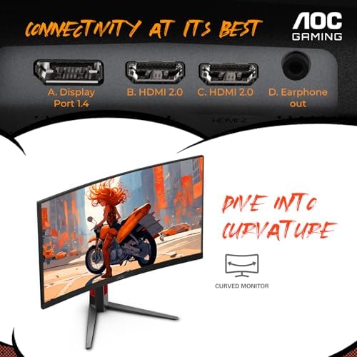 AOC CU34G4V 34 Frameless Curved Ultrawide Gaming Monitor  WQHD 3440 x1440 1500R  180Hz 0 5ms MPRT  Display Port x1  HDMI x1  AMD FreeSync Premium  Height Adjustable  3 Year Zero Bright dot  Black
