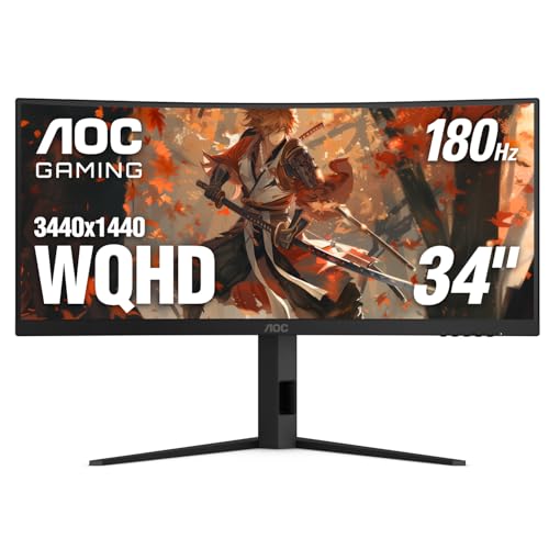 AOC CU34G4V 34 Frameless Curved Ultrawide Gaming Monitor  WQHD 3440 x 1440 1500R  180Hz 0 5ms MPRT  Display Port x 1  HDMI x 1  AMD FreeSync Premium  Height Adjustable  3 Year Zero Bright dot  Black