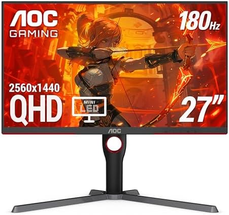 AOC Q27G3XMN Monitor de juegos QHD 27" 2K QHD, 2560x1440, Mini LED, 180Hz, HDMI 2.0 x 1, DisplayPort 1.4 x1, sincronización adaptativa, listo para Xbox/PS5/Switch, punto cero brillante de 3 años
