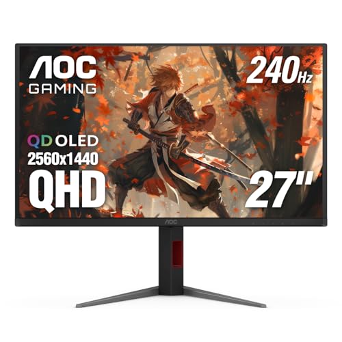 AOC Q27G4ZD - Monitor de juegos QD OLED de 27 pulgadas, QHD 2560 x 1440, 240Hz 0.03ms, HDMI 2.0 x2, puerto de pantalla x2, compatible con G-Sync, listo para consola, punto cero brillante de 3 años