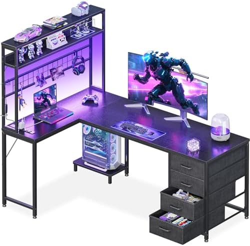 AODK L Shaped Gaming Desk with 4 Drawers  59 Reversible Computer Desk with Hutch and Shelves  Gamer Desk with LED Lights  Power Outlets  Home Office Corner Desk with Gird Pegboard  Black