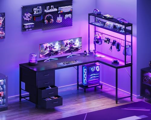 AODK L Shaped Gaming Desk with 4 Drawers  59 Reversible Computer Desk with Hutch and Shelves  Gamer Desk with LED Lights  Power Outlets  Home Office Corner Desk with Gird Pegboard  Black