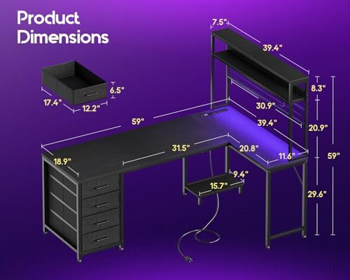 AODK L Shaped Gaming Desk with 4 Drawers  59 Reversible Computer Desk with Hutch and Shelves  Gamer Desk with LED Lights  Power Outlets  Home Office Corner Desk with Gird Pegboard  Black