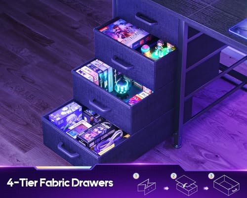 AODK L Shaped Gaming Desk with 4 Drawers  59 Reversible Computer Desk with Hutch and Shelves  Gamer Desk with LED Lights  Power Outlets  Home Office Corner Desk with Gird Pegboard  Black