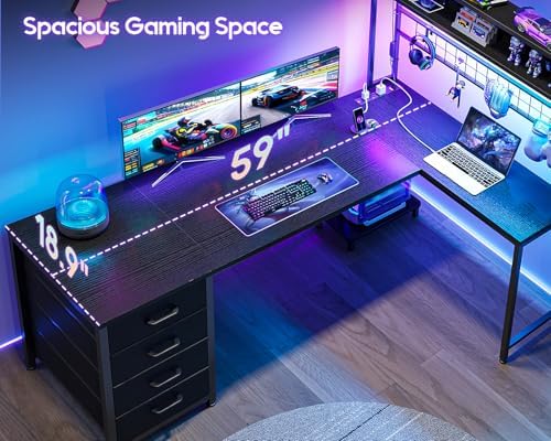 AODK L Shaped Gaming Desk with 4 Drawers  59 Reversible Computer Desk with Hutch and Shelves  Gamer Desk with LED Lights  Power Outlets  Home Office Corner Desk with Gird Pegboard  Black