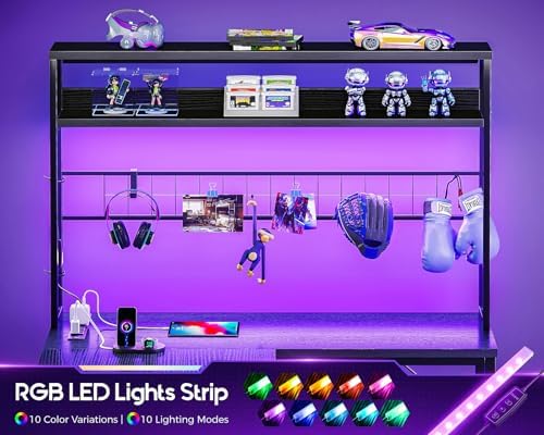 AODK L Shaped Gaming Desk with 4 Drawers  59 Reversible Computer Desk with Hutch and Shelves  Gamer Desk with LED Lights  Power Outlets  Home Office Corner Desk with Gird Pegboard  Black