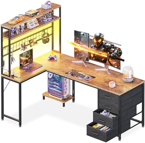 AODK L Shaped Gaming Desk with 4 Drawers  59 Reversible Computer Desk with Hutch and Shelves  Gamer Desk with LED Lights  Power Outlets  Home Office Corner Desk with Gird Pegboard  Black