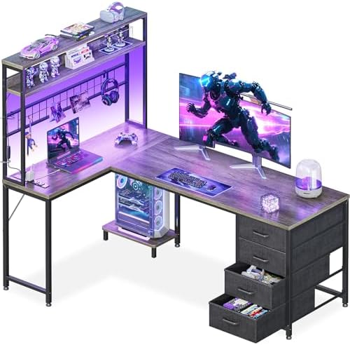 AODK L Shaped Gaming Desk with 4 Drawers  59 Reversible Computer Desk with Hutch and Shelves  Gamer Desk with LED Lights  Power Outlets  Home Office Corner Desk with Gird Pegboard  Black