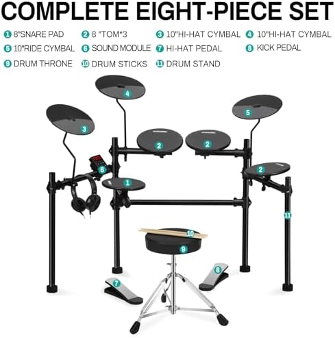 AODSK Electric Drum Set with 4 Quiet Drum Pads Portable and Solid Drum Set for Beginner with 200 Sounds 2 Switch Pedal Drum Throne Drumsticks Headphones  UAED 403T 