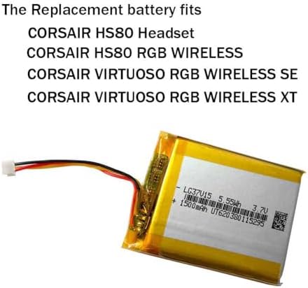 AOLIKES Batería Lipo recargable de 1500 mAh 3.7 V para Corsair HS80 / HS80 RGB inalámbrico/vacío Pro/Virtuoso RGB inalámbrico XT/SE auriculares inalámbricos para juegos