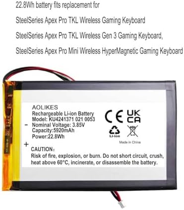 AOLIKES 5920mAh 3 85V Battery Replacement for SteelSeries Apex Pro TKL Wireless/Gen 3 / Apex Pro Mini Wireless   Gaming Keyboard Rechargeable   High Capacity Extended Use