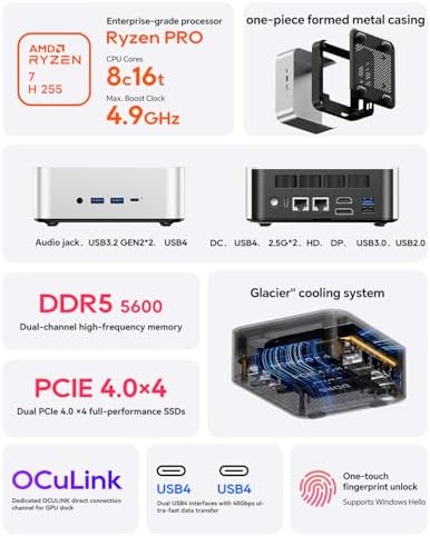 AOOSTAR MACO AMD Ryzen 7 H255 Mini PC 8C/16T  up to 4 9GHz   Support OpenClaw NO RAM NO SSD  Radeon 780M Graphics Mini Computer  Support Four Display  with OCuLink Dual USB4