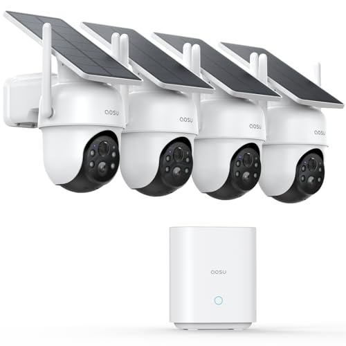 AOSU Cámaras de seguridad inalámbricas para exteriores, kit de 4 cámaras, sin suscripción, alimentado por energía solar, sistema de cámaras de seguridad para el hogar con giro e inclinación de 360°,
