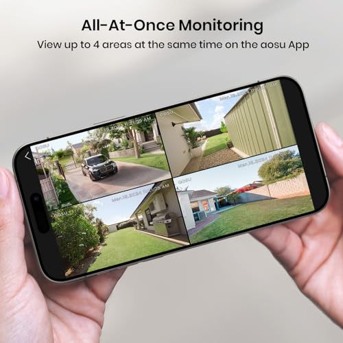 AOSU Cámaras de seguridad inalámbricas para exteriores, kit de 4 cámaras, sin suscripción, alimentado por energía solar, sistema de cámaras de seguridad para el hogar con giro e inclinación de 360°,