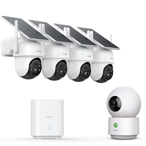 AOSU Cámaras de seguridad solares inalámbricas para exteriores, kit de 4 cámaras, sin suscripción y cámara de seguridad AOSU para interiores de 360°, monitor de bebé