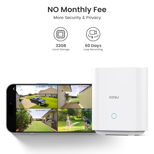 AOSU Cámaras de seguridad solares inalámbricas para exteriores, kit de 4 cámaras, sin suscripción y cámara de seguridad AOSU para interiores de 360°, monitor de bebé