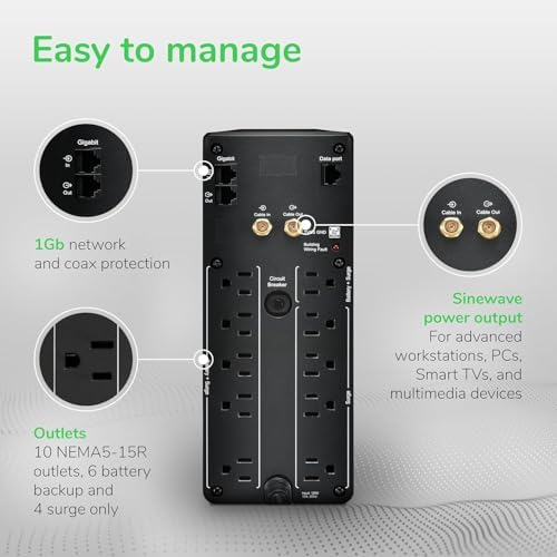 APC Back UPS Pro Sine Wave UPS  1500VA/900W  Active PFC Compatible  AVR  LCD  10 Outlets  USB C Charging Port   BR1500MS2 Uninterruptible Power Supply for Home Office  PC  Gaming Computers