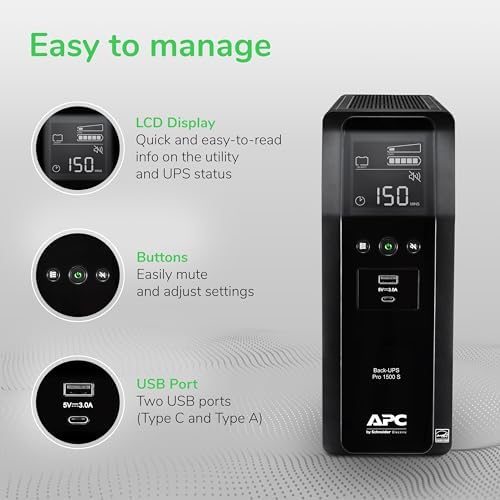 APC Back UPS Pro Sine Wave UPS  1500VA/900W  Active PFC Compatible  AVR  LCD  10 Outlets  USB C Charging Port   BR1500MS2 Uninterruptible Power Supply for Home Office  PC  Gaming Computers
