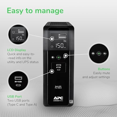 APC Back UPS Pro Sine Wave UPS  1500VA/900W  Active PFC Compatible  AVR  LCD  10 Outlets  USB C Charging Port   BR1500MS2 Uninterruptible Power Supply for Home Office  PC  Gaming Computers