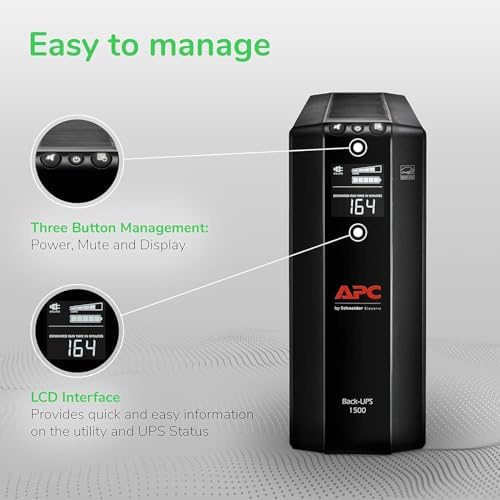 APC UPS Back UPS Pro 1500VA UPS  900W Battery Backup & Surge Protector  AVR  10 Outlets  NEMA 5 15R   LCD  BX1500M Uninterruptible Power Supply for Computers  Wi Fi Routers  Home Office Electronics