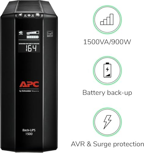 APC UPS Back UPS Pro 1500VA UPS  900W Battery Backup & Surge Protector  AVR  10 Outlets  NEMA 5 15R   LCD  BX1500M Uninterruptible Power Supply for Computers  Wi Fi Routers  Home Office Electronics