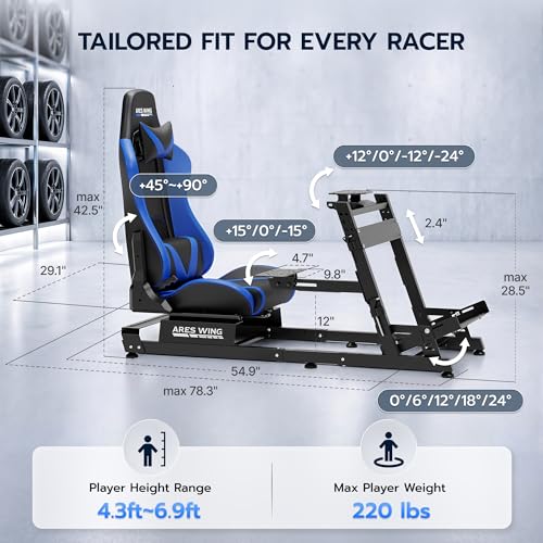 ARES WING Sim Racing Cockpit with Seat  Adjustable Driving Simulator Cockpit with Headrest & Lumbar Support  Sim Racing Rig for 16Nm Direct Drive Compatible with PC  PS5 and Xbox  Blue