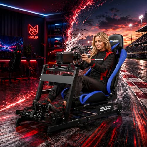 ARES WING Sim Racing Cockpit with Seat  Adjustable Driving Simulator Cockpit with Headrest & Lumbar Support  Sim Racing Rig for 16Nm Direct Drive Compatible with PC  PS5 and Xbox  Blue
