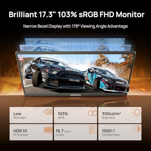 ARZOPA 17 3 Portable Monitor  1080P FHD 103  sRGB IPS Gaming Monitor Laptop Monitor with Built in Kickstand HDMI USB C External Screen for PC Mac Phone Xbox PS5   A1M