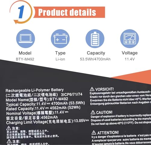 ASODI BTY M492 Laptop Battery Compatible with MSI  WF66 WF76   Pulse  GL66 GL76  Katana  GF66 GF76   Sword 15 A11U Crosshair 15 17 A11U Series 53 5Wh 11 4V 4700mAh