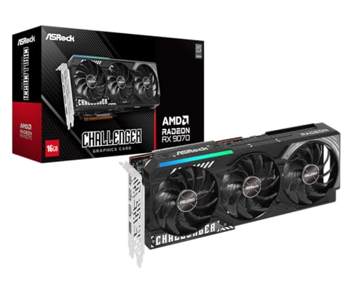 ASRock AMD Radeon RX 9070 Challenger 16GB 2520 MHz 20 Gbps GDDR6 256Bit GPU RT AI Accelerators PCIe5 0 2x8 pin Triple Fan 700W Graphics Card 0DB Silent Cooling DisplayPort2 1a HDMI2 1b LED Indicator
