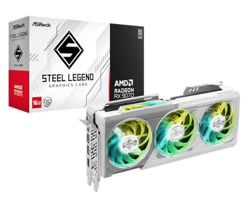 ASRock AMD Radeon RX 9070 Steel Legend 16GB OC GPU 2700 MHz 20 Gbps GDDR6 256Bit  3rd Gen RT 2nd Gen AI Accelerators  PCIe5 0 2x8 pin Triple Fan Graphics Card 700W Air Deflecting HDMI DisplayPort